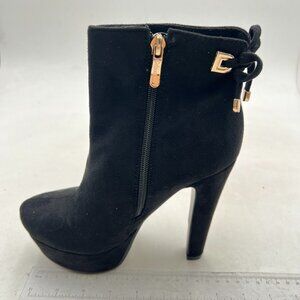 Black Women Platform Pointed Toe Ankle Boots Chunky High Heel Mid Calf Booties